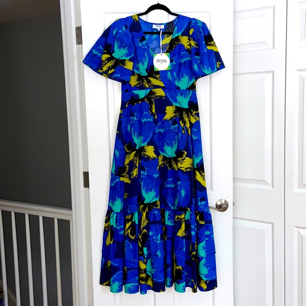 Christopher John Rogers Blue, Teal & Yellow Floral Maxi Dress